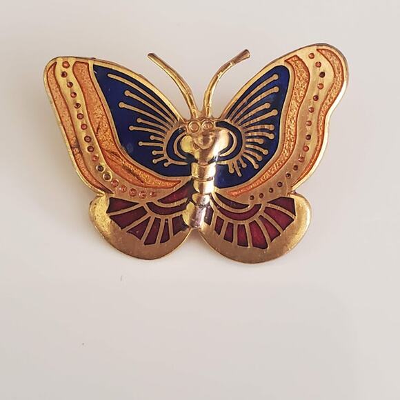 Vintage Metropolitan Museum of Art Butterfly Brooch Pin Cloisonne 80's Gold Tone - Picture 1 of 4